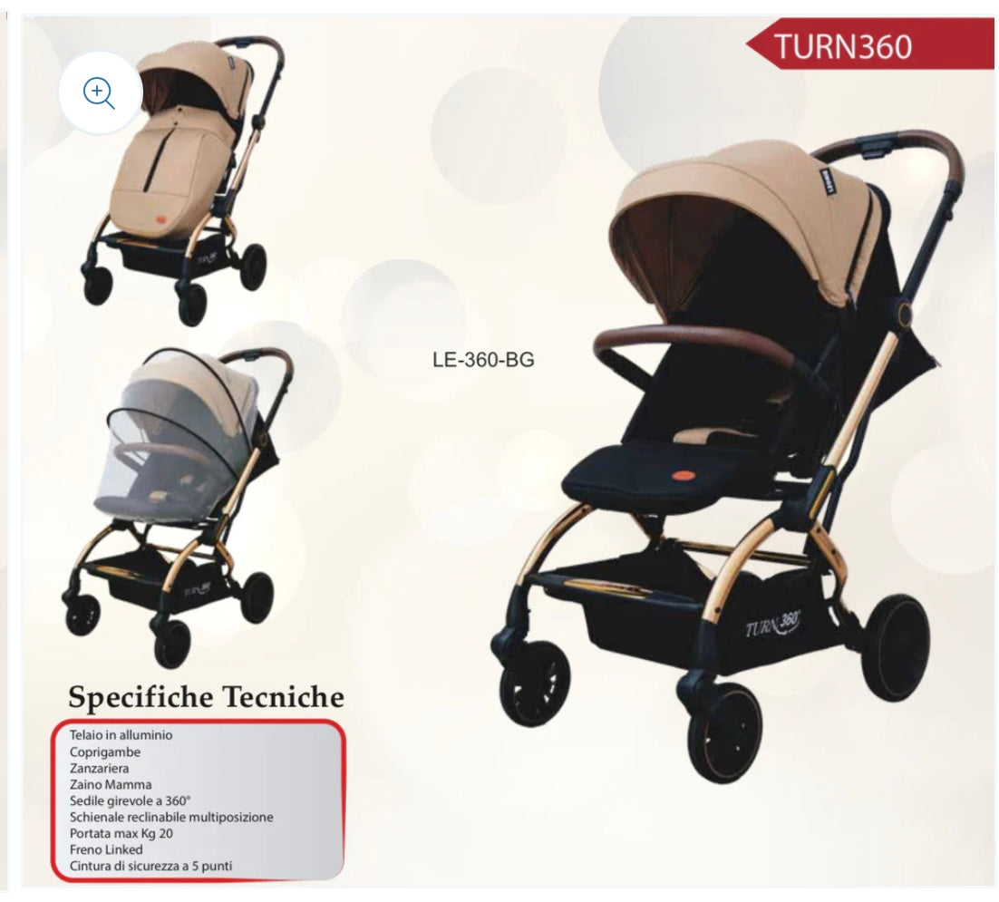 Passeggino leggero 360ºturn beige 0/22kg fronte mamma/strada con accessori zainetto,copri gambe e zanzariera