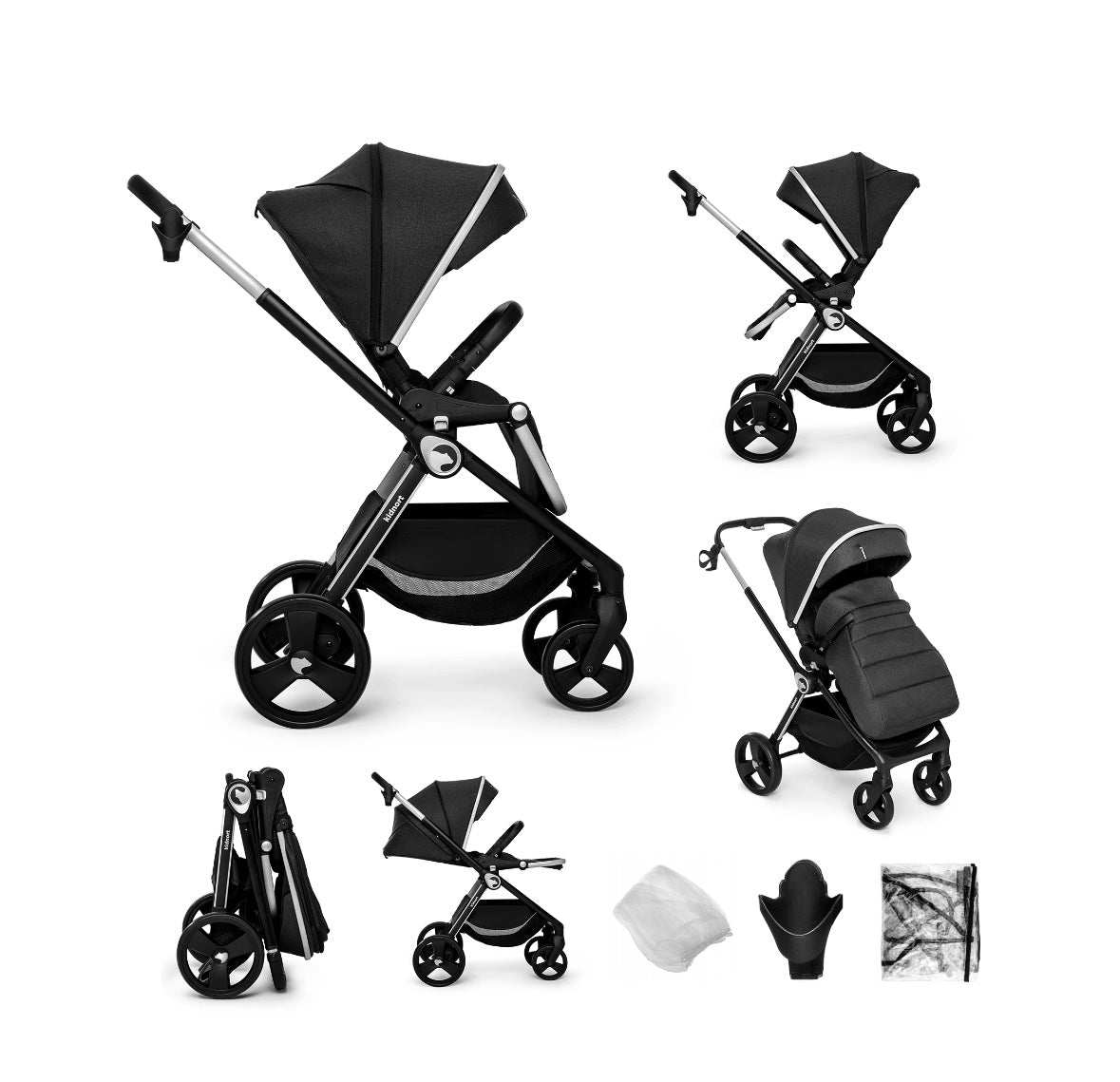 Passeggino reversibile 0/22 kg nero con accessori kidnort