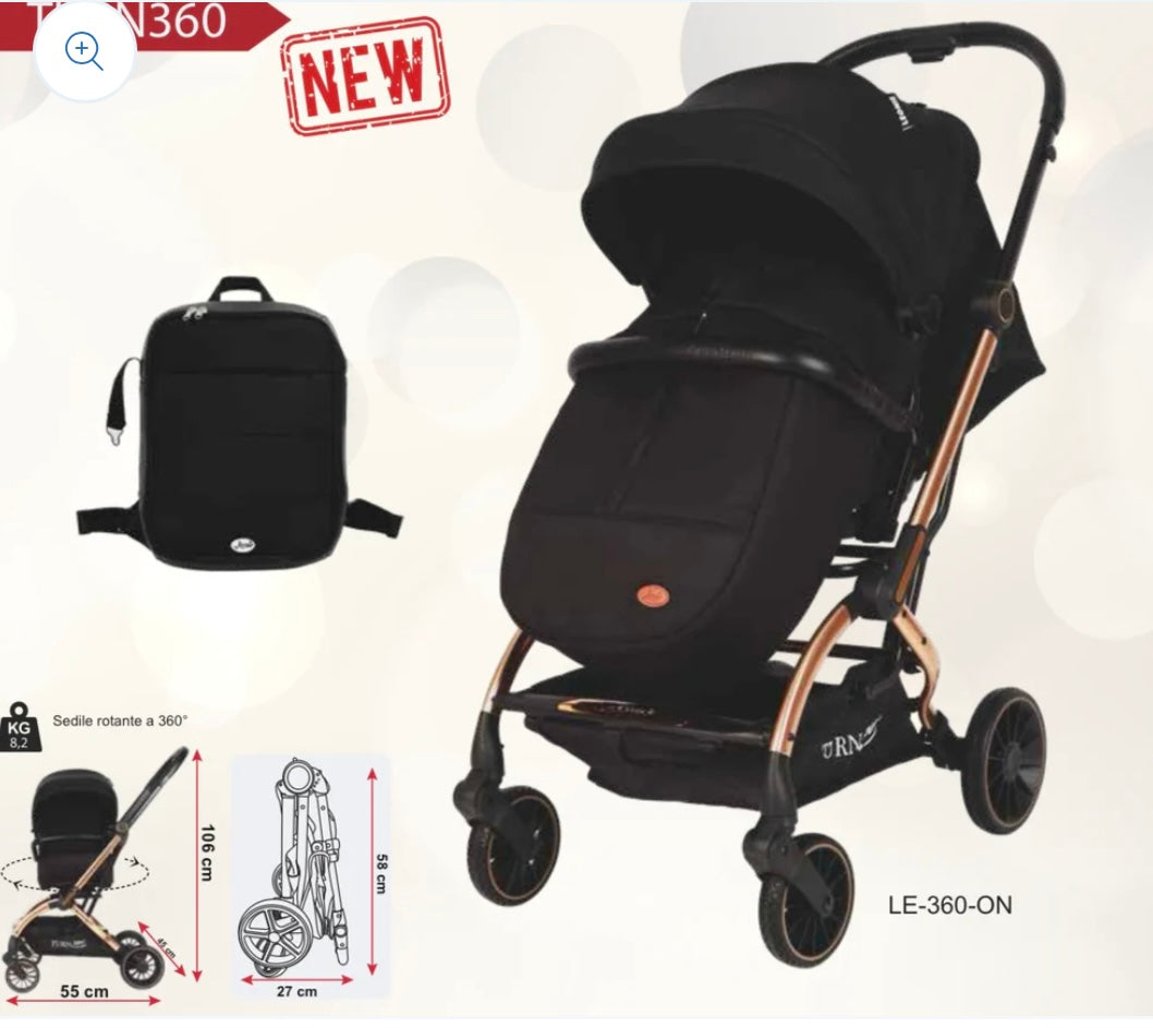 Passeggino leggero 360ºturn nero  0/22kg  fronte mamma/strada con accessori zainetto,copri gambe e zanzariera